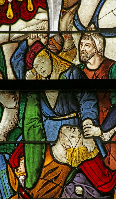 Window depicting casting lots for Christ